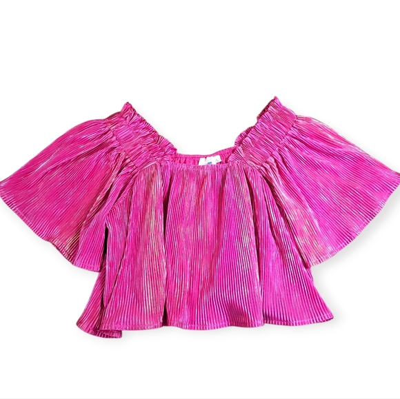 QUEEN OF SPARKLES Tops - QUEEN OF SPARKLES Hot Pink Pleated Flutter Sleeve Crop Top Large